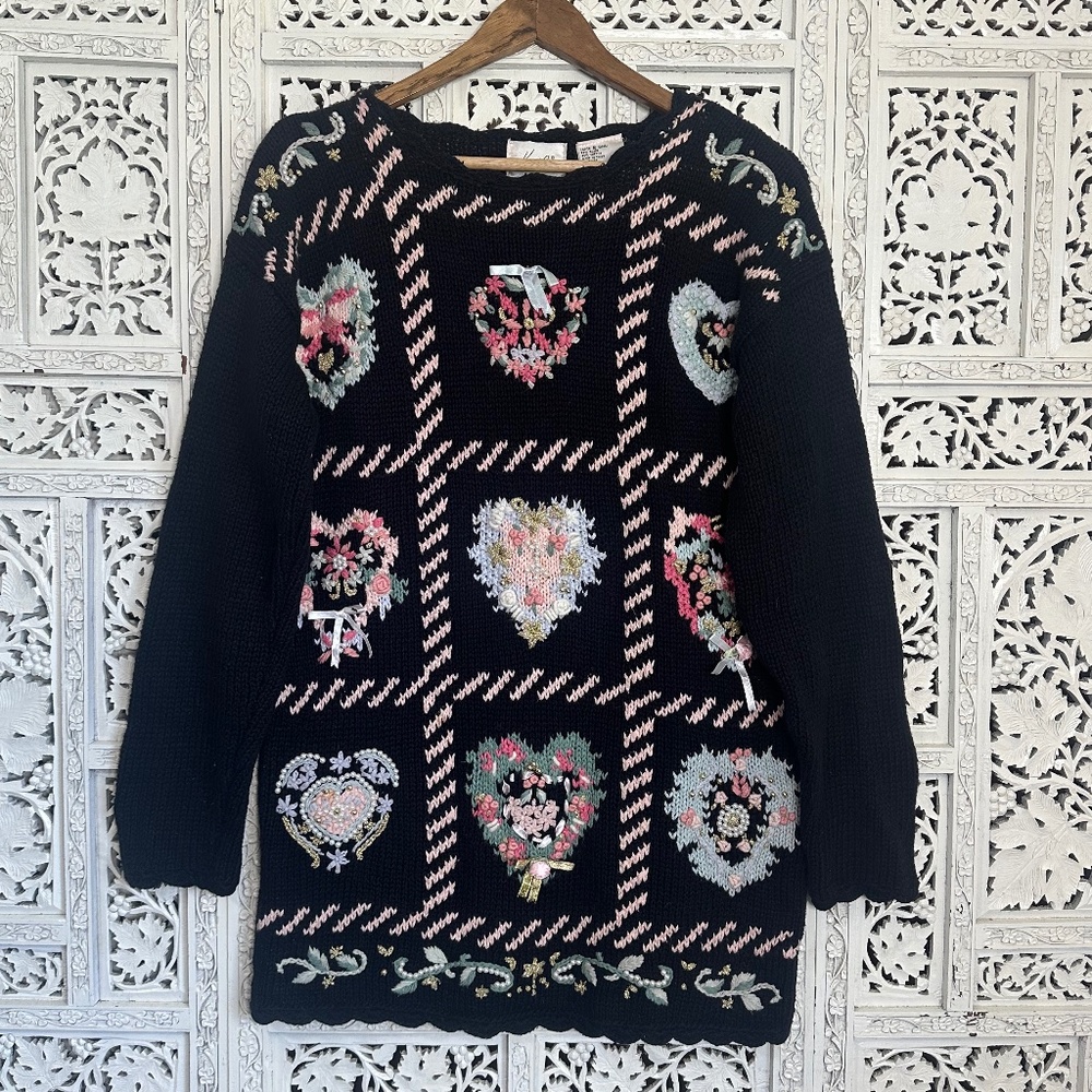 Vintage Kathie Lee‎ Embroidered Heart Sweater Grannycore Cottagecore Sz Small